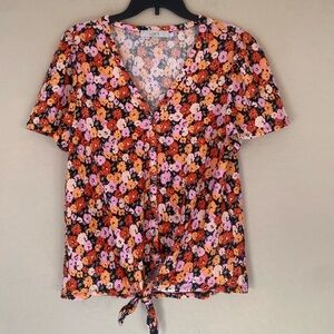 Loft, large, floral button down, tie front blouse